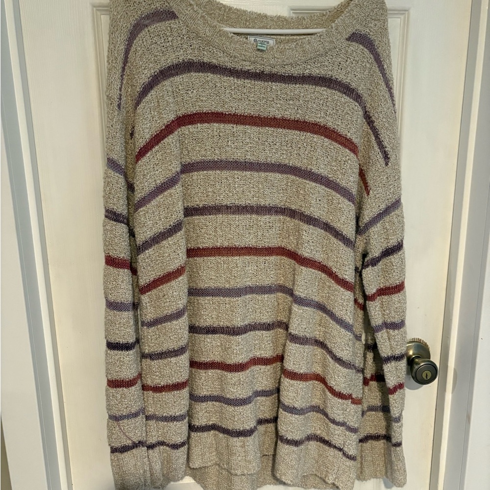 Susina Beige, Pink and Purple Striped Crew Neck Sweater